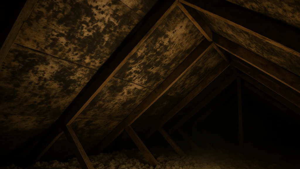 Dark mold staining on the underside of roof sheathing in a Saint Paul attic from winter condensation