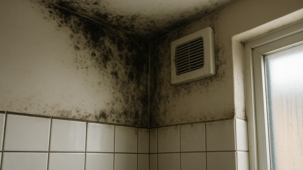 Mold growth in the corner of a tiled Saint Paul bathroom near the ceiling and exhaust fan