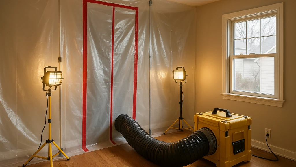 Containment sheeting and a negative-air machine set up around a wall during black mold removal in a Saint Paul home