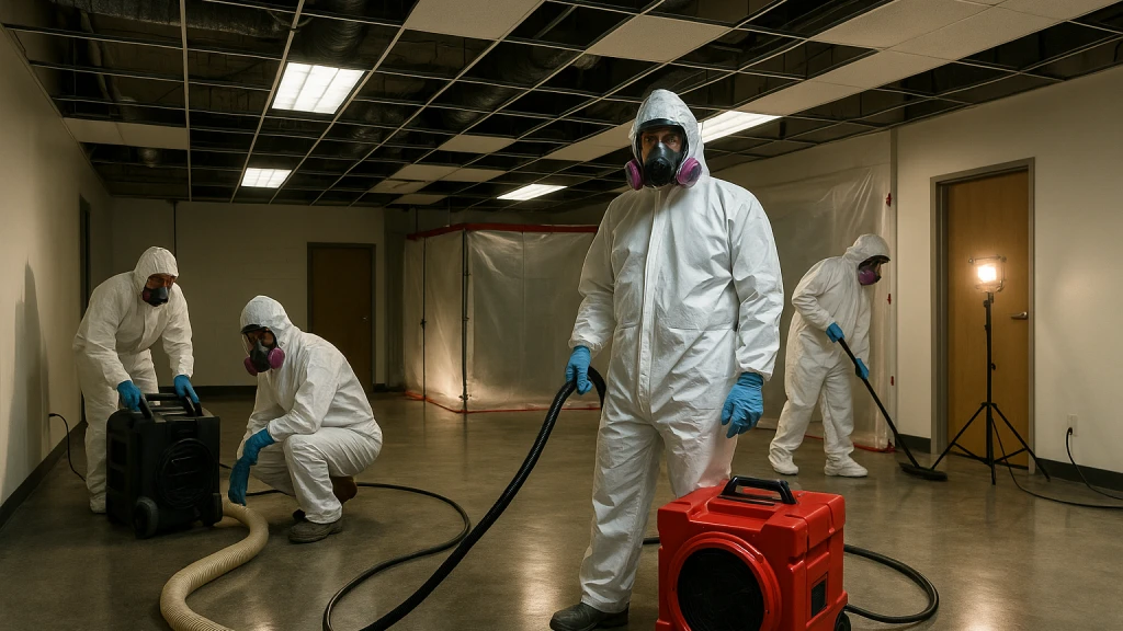 Professional crew performing mold remediation in a commercial Saint Paul building after hours