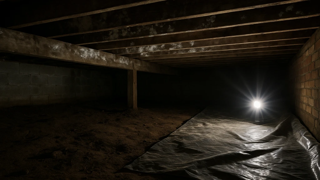 A damp dirt-floor crawl space under a Saint Paul home with mold on the floor joists above