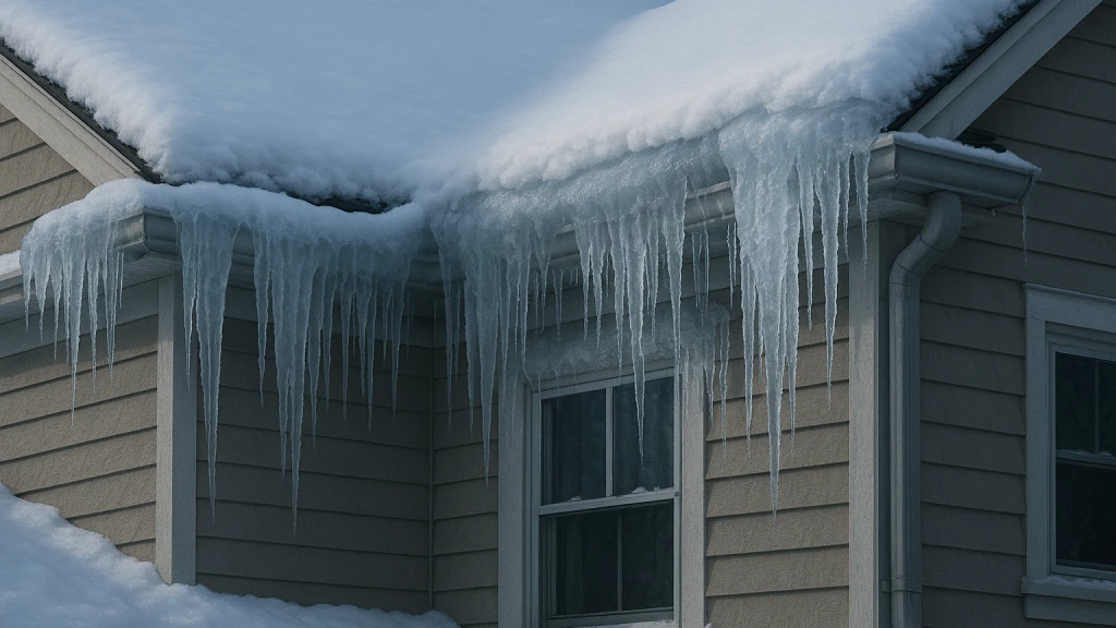Ice dams and icicles forming along the eaves of a Saint Paul home in winter