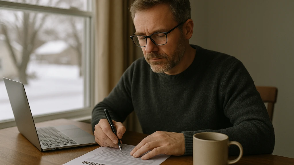 A Saint Paul homeowner reviewing a home insurance policy document at a desk