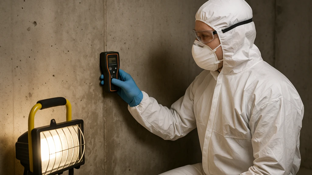 A mold inspector using a moisture meter on a basement wall in a Saint Paul home