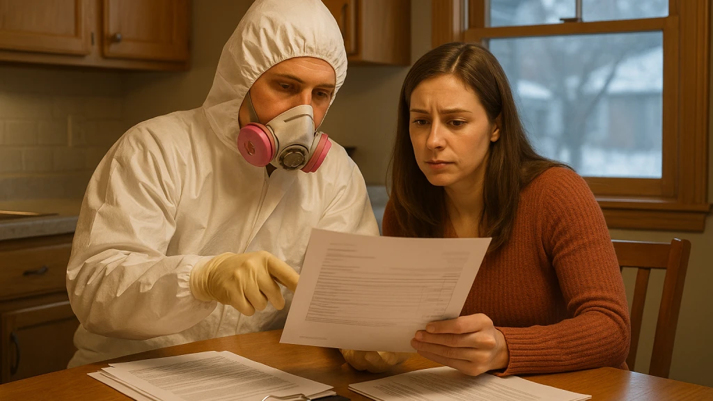 A mold remediation professional reviewing a written estimate at a Saint Paul kitchen table