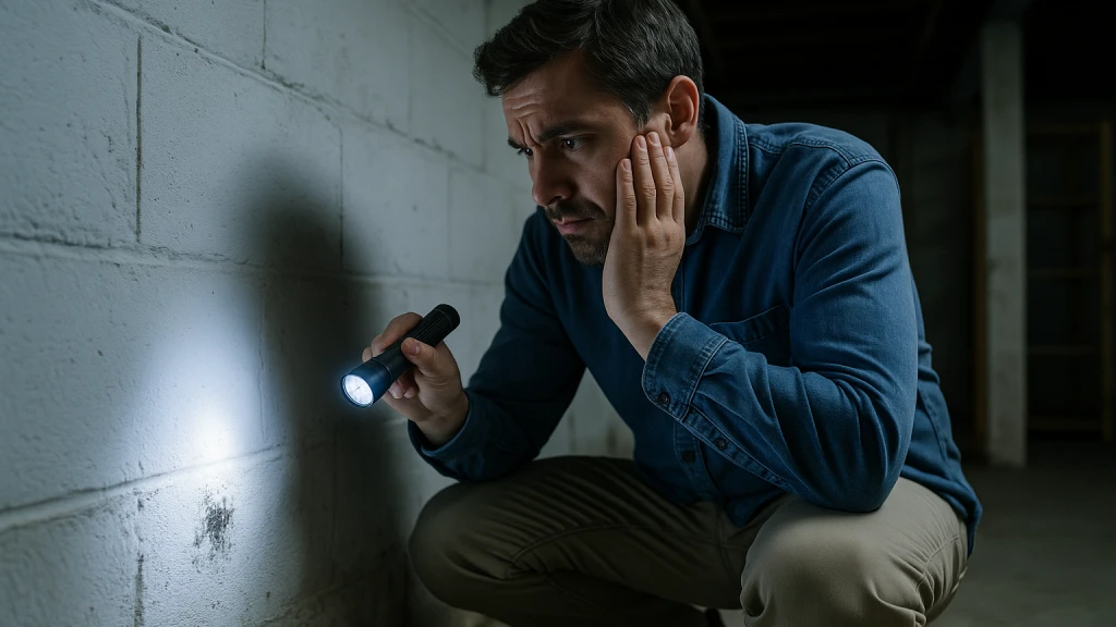 A homeowner noticing a small dark mold stain on a basement wall in a Saint Paul home