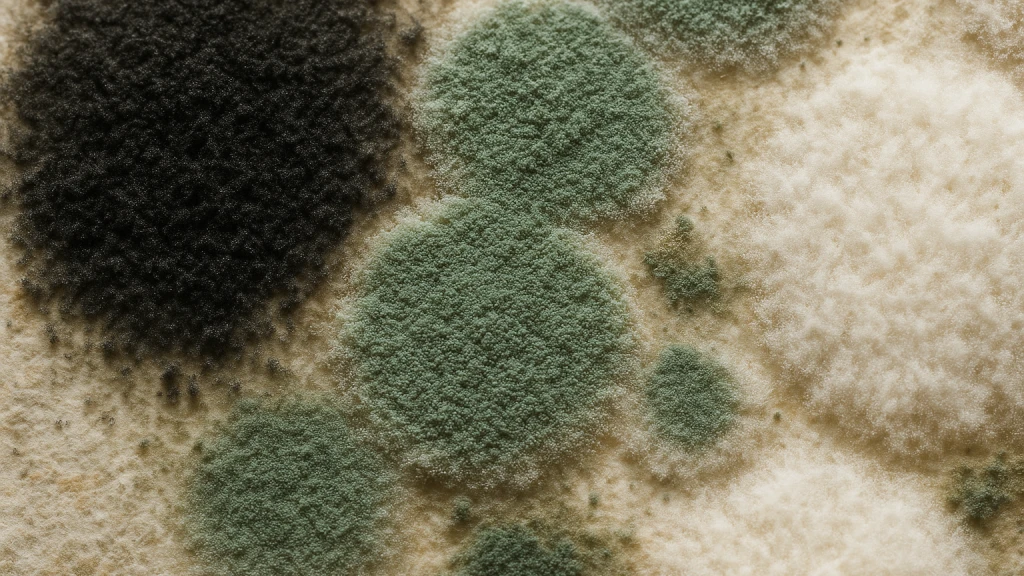A close-up of different colored mold growth on a damp interior surface