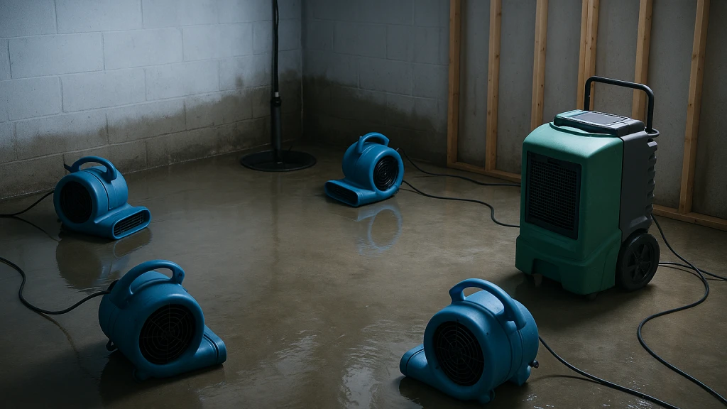 Air movers and a dehumidifier drying a flooded Saint Paul basement after a sump pump failure