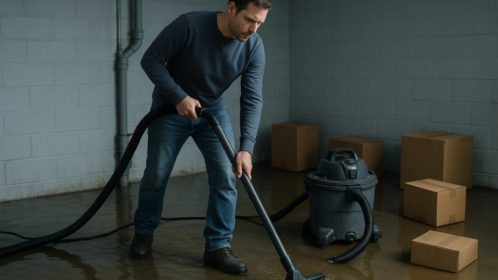 A Saint Paul homeowner using a wet vacuum on a flooded basement floor after a pipe burst