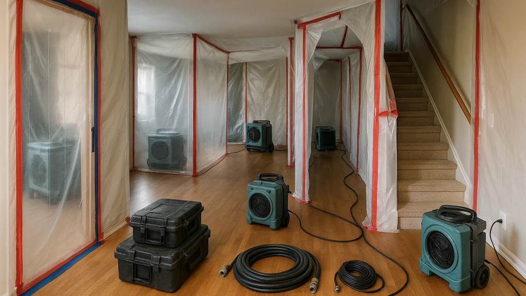 Multiple containment zones and air scrubbers set up throughout a Saint Paul home during whole-house mold remediation