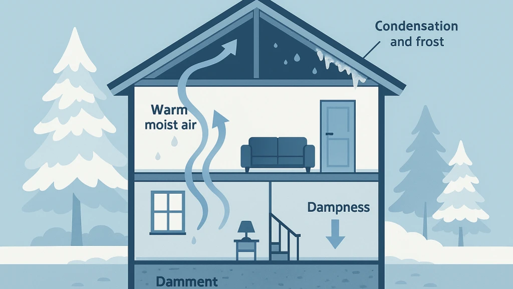 A cross-section illustration of a Minnesota home showing winter condensation in the attic and basement